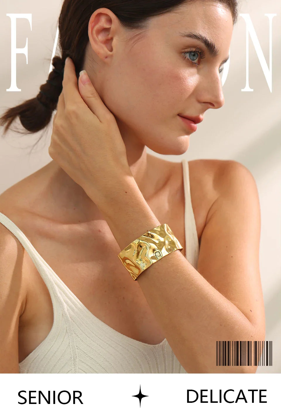 Yhpup Wide Large Stainless Steel Metal Cuff Open Bracelet Bangle 18K Gold PVD Plated Statement Waterproof Wrist Jewelry Bijoux