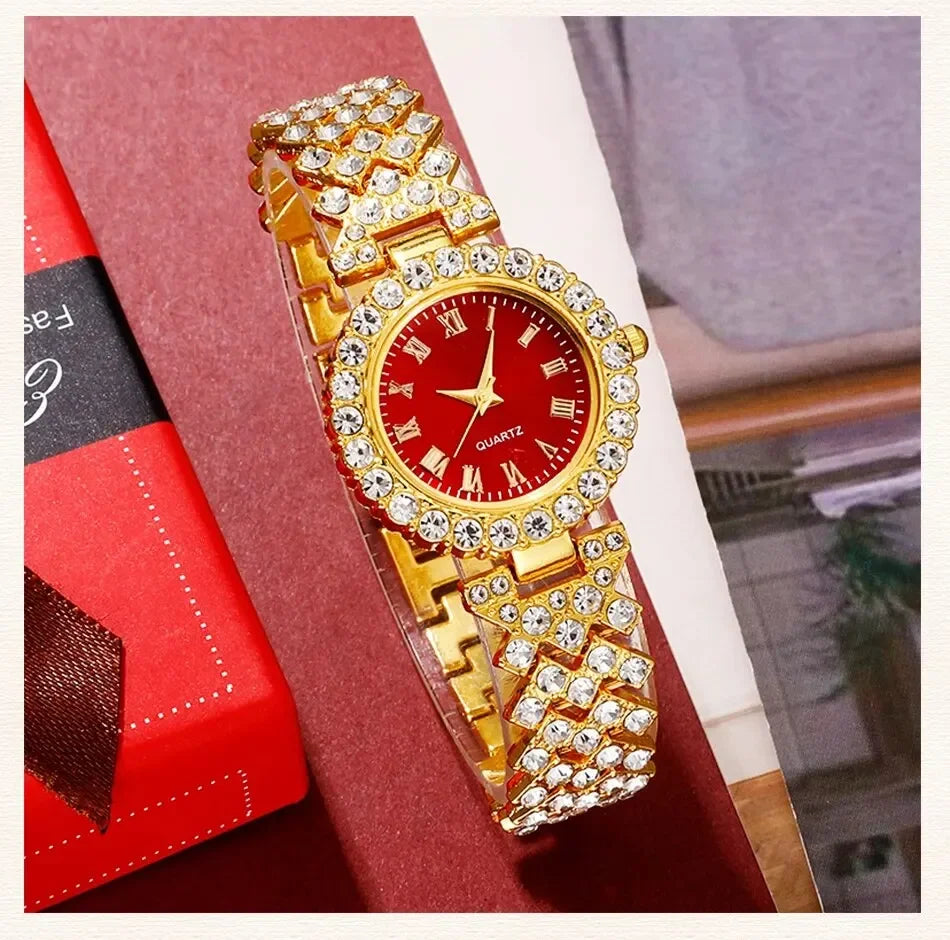 Gold luxury watches, women's rings, necklaces, earrings, rhinestones, fashionable watches, casual women's bracelets, watches, je