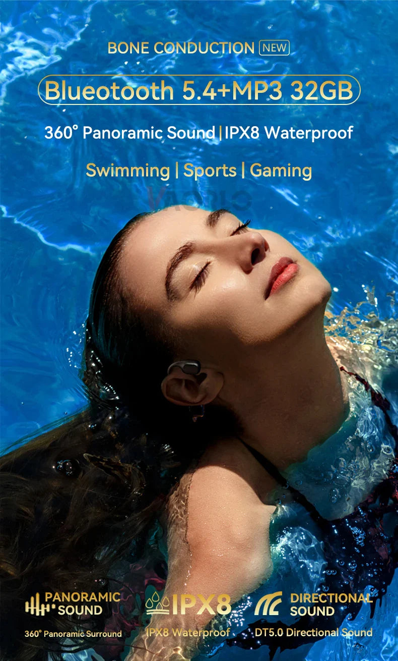 #IPX8 Waterproof Bone Conduction Wireless Headphone Bluetooth 5.4+32GB RAM MP3 Player HIFI Music Sport Swimming Headset With Mic