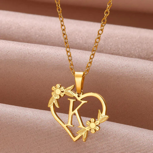 Gold Color Dainty Flower Initials Necklace Women Girl Stainless Steel Heart Letter