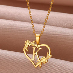 Gold Color Dainty Flower Initials Necklace Women Girl Stainless Steel Heart Letter