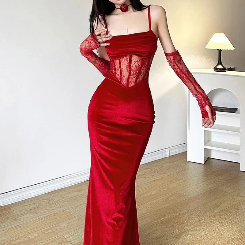 Goth Dark Velvet Y2k Ruched Elegant Corset Dresses Gothic Lace Patches