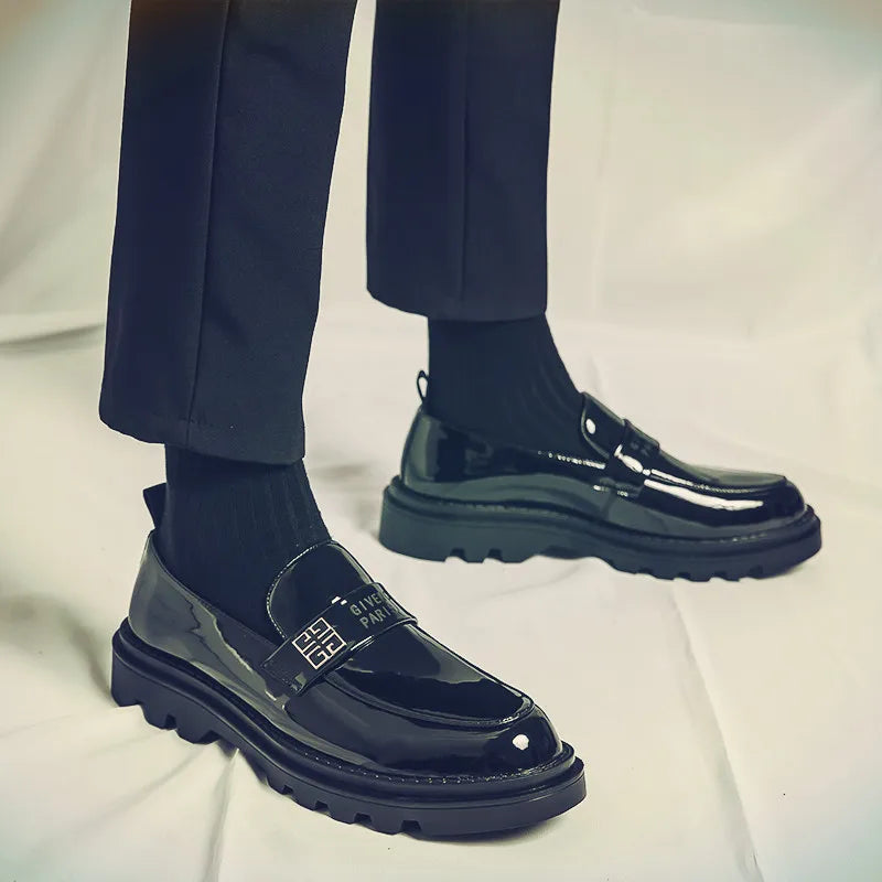mens casual business wedding formal dresses black platform shoes slip-on lazy shoe oxford patent leather loafers chaussure homme
