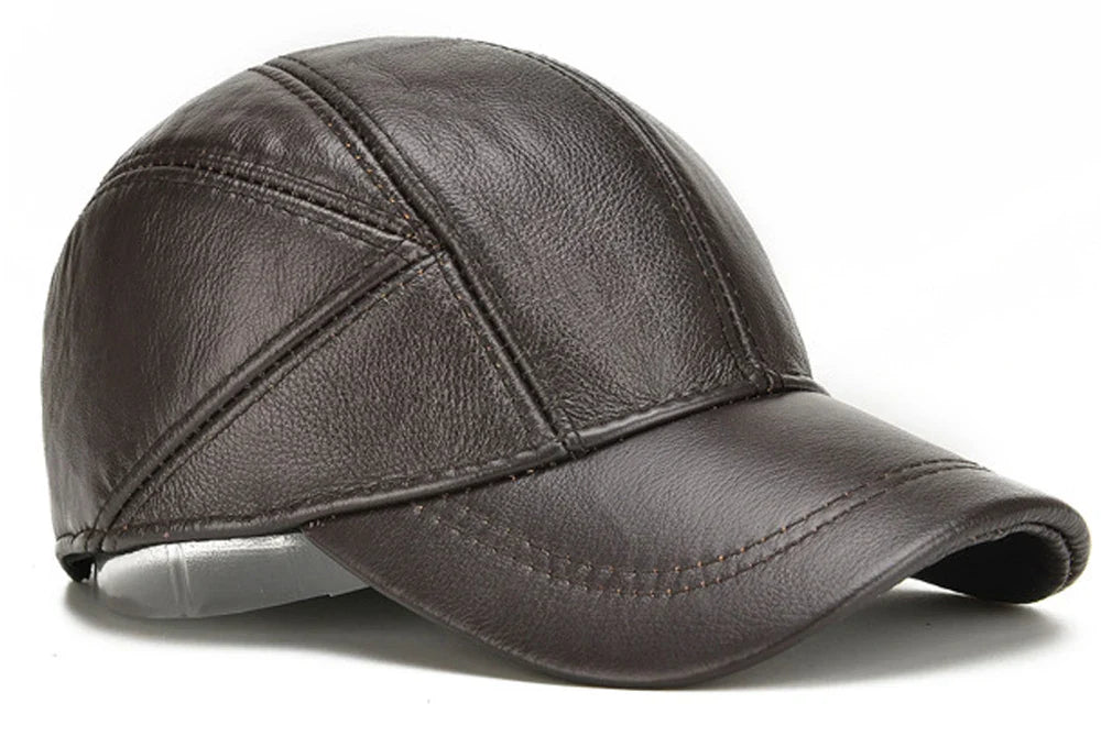 Hot Sale Casual Real Leather Earflap Cap Men's Real Cowhide Leather Caps Male Fall Winter Genuine Real Cow Leather Baseball Hats