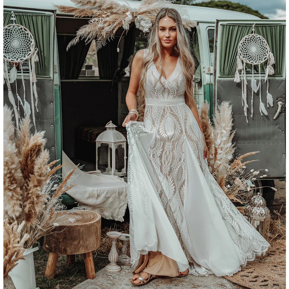 White Bridesmaid Dresses: Boho A Line Wedding Dress Hippie Lace Custom Made V Neck