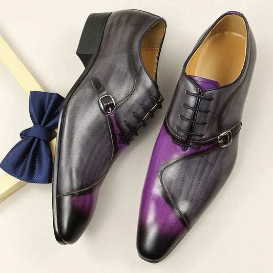Men Leather Shoes High Quality Oxford Lace Up Side Metal Buckle Gray Purple Color Matching Handmade Business Office Formal Shoes