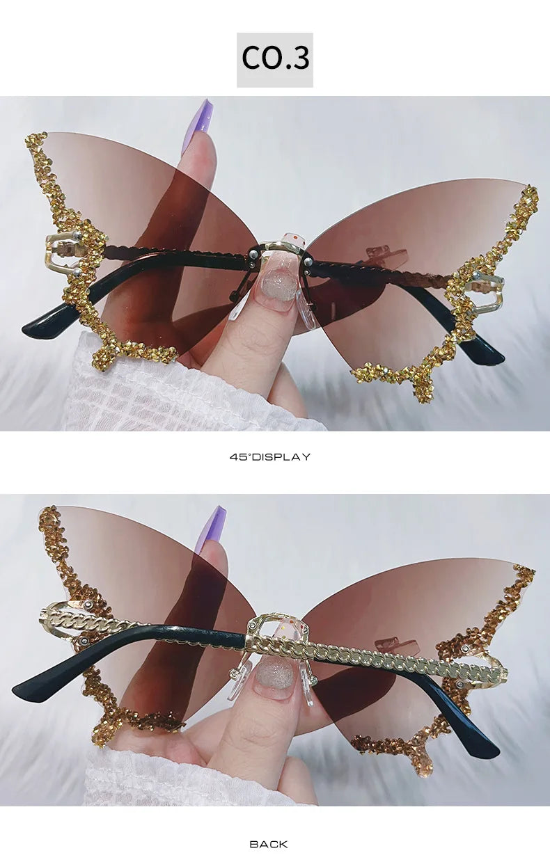 Luxury Party Sunglasses Women Butterfly Diamond Rhinestones Personality Flash Shades Tint Color Travel Blogger Glasses