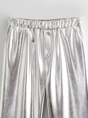 Vintage Women Silver Wide Leg Pants 2024 Fashion Ladies Warm Thicken Trousers