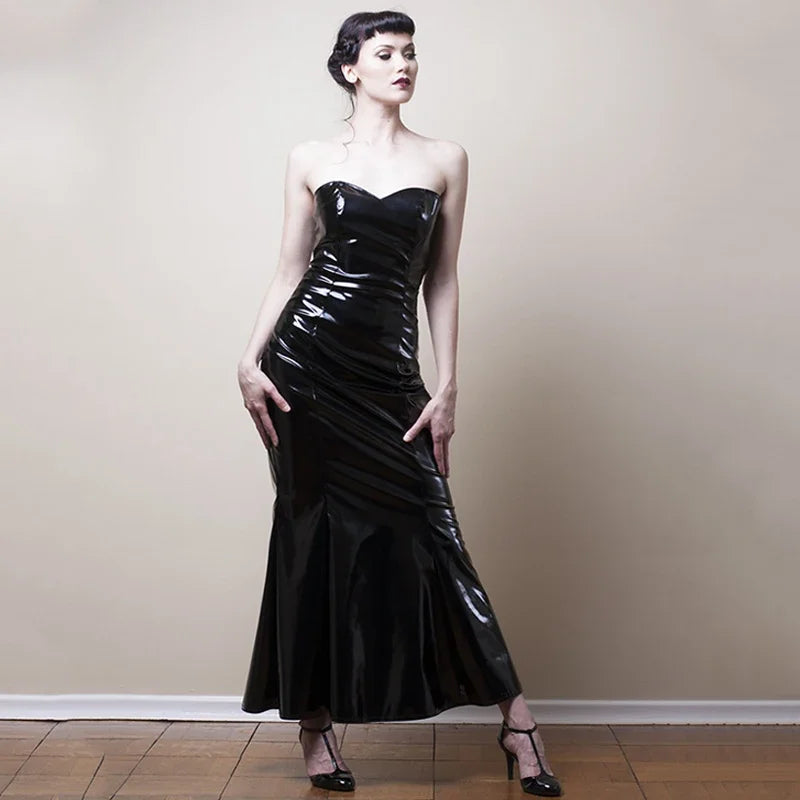 Evening Dresses: Strapless Black PVC Mermaid Dress Women Elegant
