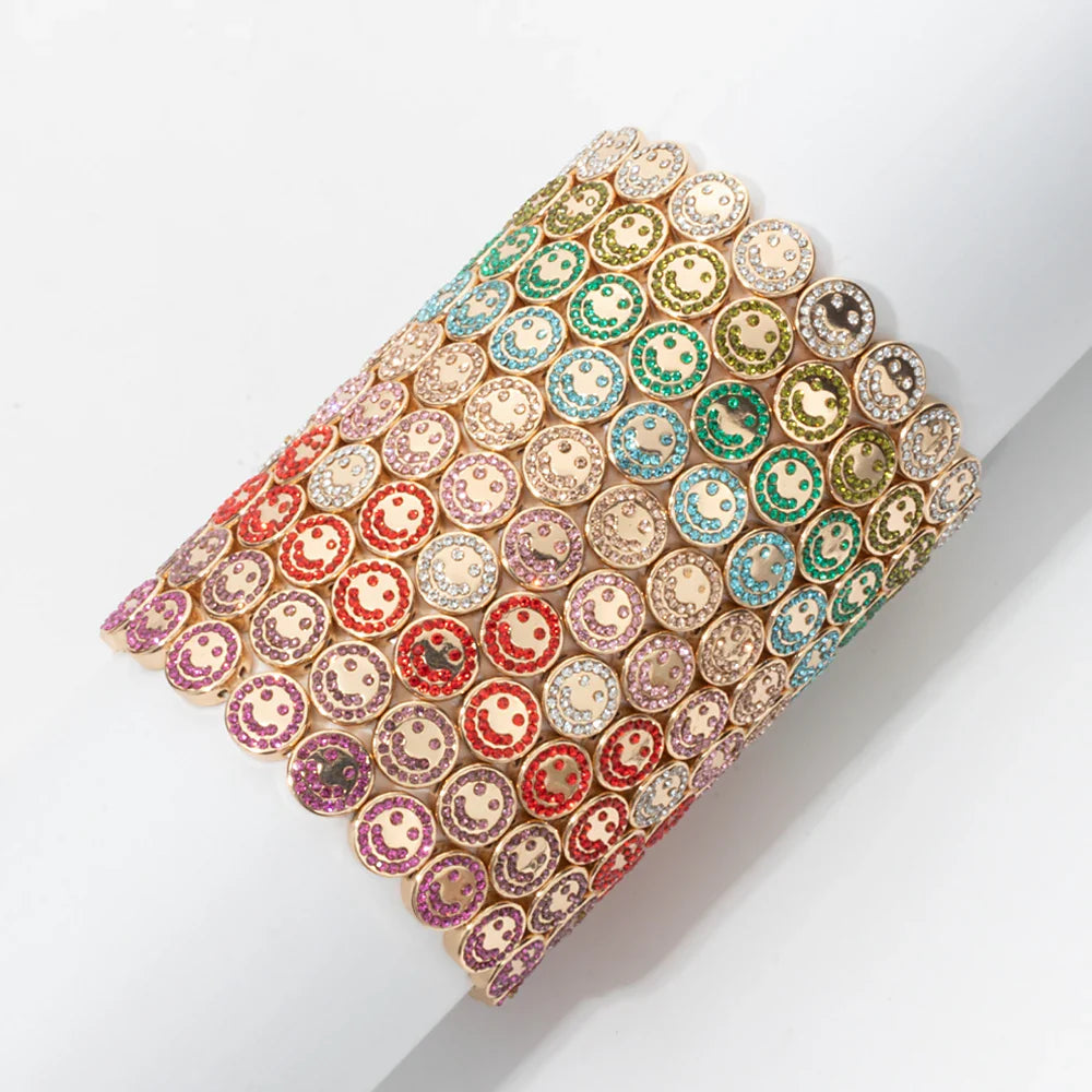 2024 New Happy Bangle Paved Diamond Enamel Beaded Bracelets For Women Boho Gold Color Elastic Bracelets