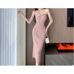 Chic One Shoulder Solid  Sleeveless Knit  Dress Slim High Waist Evening Party Dress