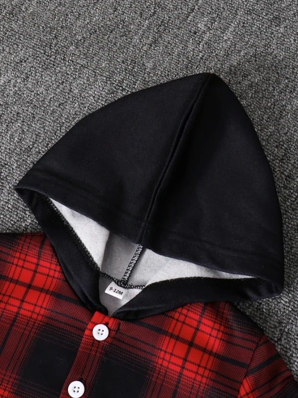 Spring Autumn Plaid Print Baby Boy Long Sleeve Hooded Fleece Lined Shirt Color Block Pants Two-Piece Casual Outfit for Toddlers
