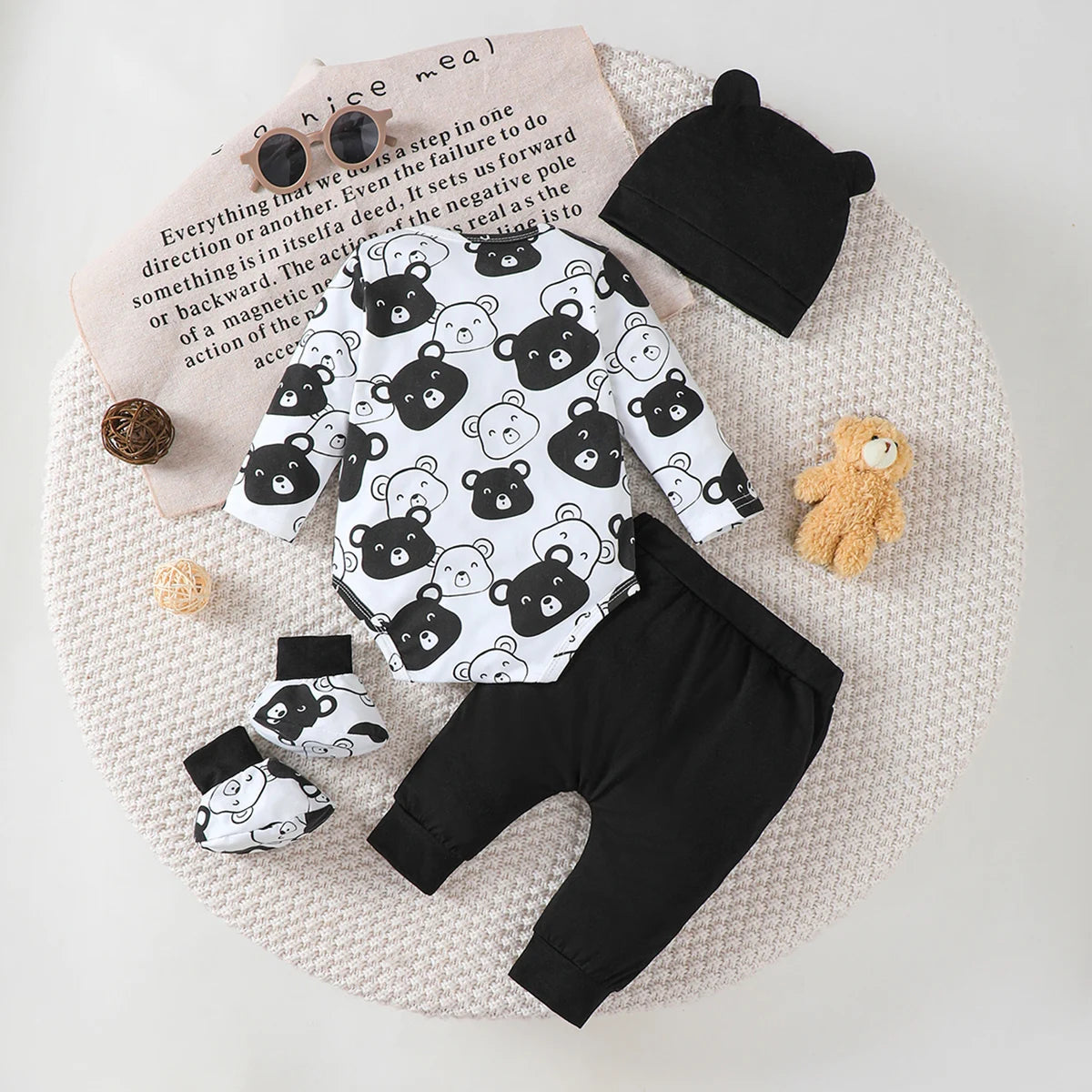 4 Colors 0-9 Months Newborn Baby Boy Autumn Clothing Set Bear Long Sleeve Bodysuit+Pants+Hat+Socks Cute Newborn Baby Gift Outfit