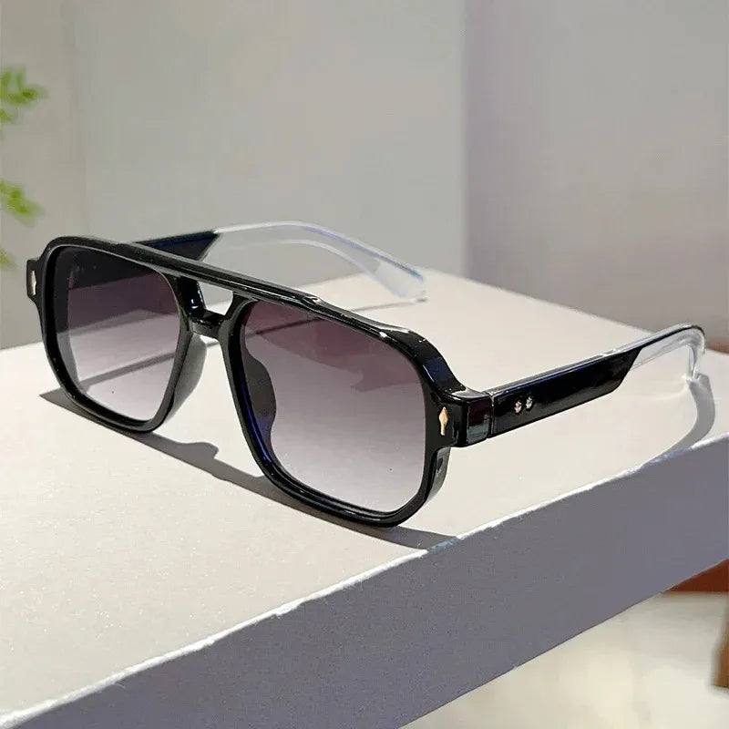 Vintage Double Bridges Men Square Sunglasses Fashion Green Ocean Lens UV400 Eyewear Women Trending Rivets Sun Glasses