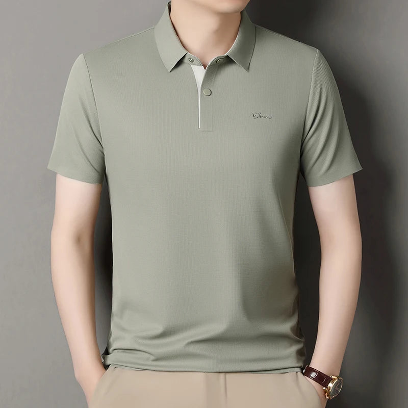 Summer seamless ice silk short sleeved T-shirt, polo shirt, flip collar, casual elastic top, breathable thin half sleeve