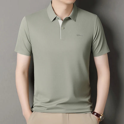 Summer seamless ice silk short sleeved T-shirt, polo shirt, flip collar, casual elastic top, breathable thin half sleeve