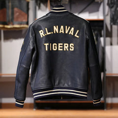 Men's stand collar real leather jacket baseball tiger embroidery vegetable