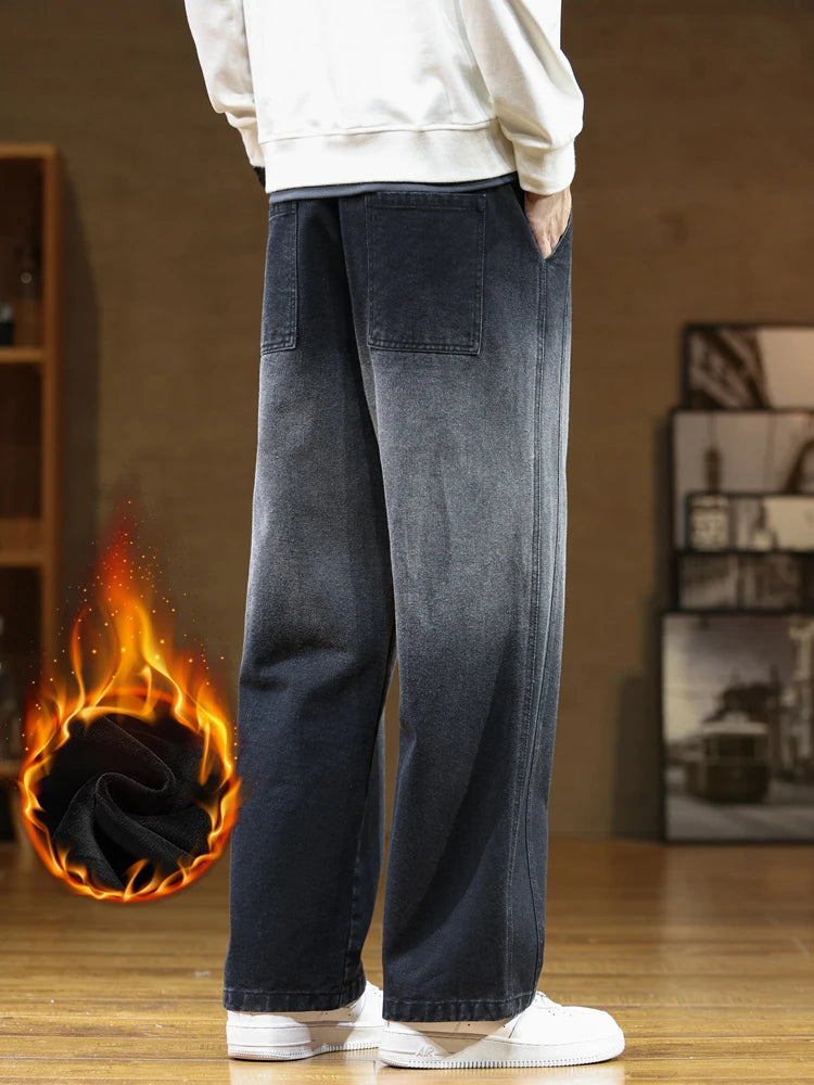 Men's Jeans Thicken Velvet Warm Denim Pants Wide-Leg Straight Thermal Fleece