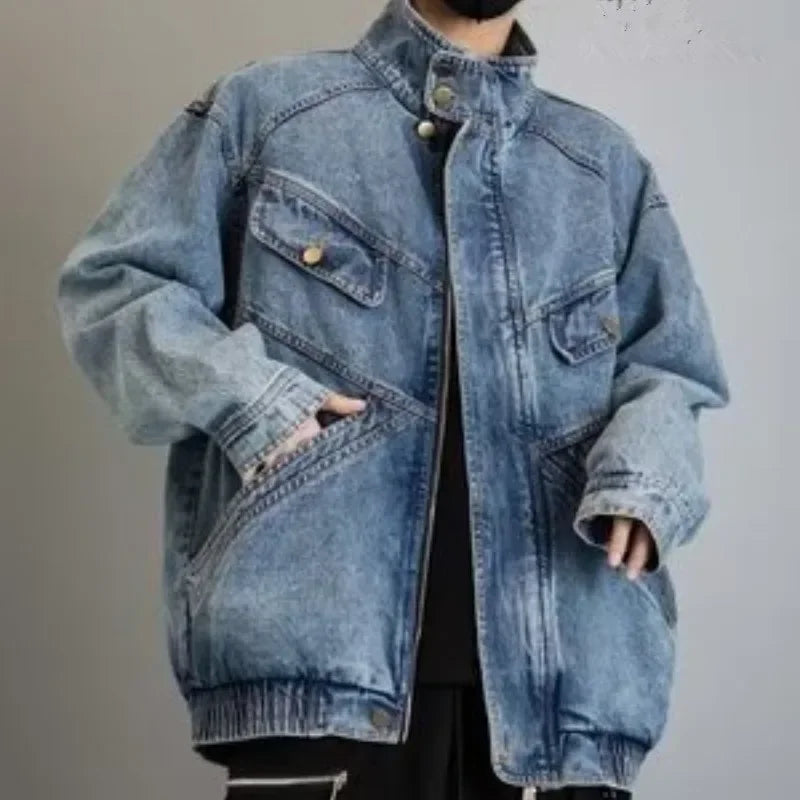 Denim coat men's spring and autumn new loose design sense of standing collar cargo jacket