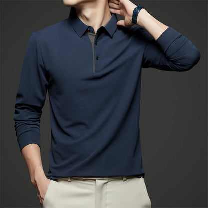 New Men's Business Casual  Long Sleeve Solid Color Polo Shirt Fashionable Warm Comfortable Four Seasons Versatile Top