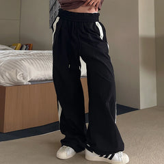 American Contrasting Vintage Drawstring Sweatpants Fashion Straps Straight Wide