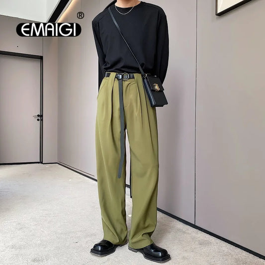 Belt Design Straight Casual Pant Men Fashion Show vintage Long Wide Leg Suit Pants