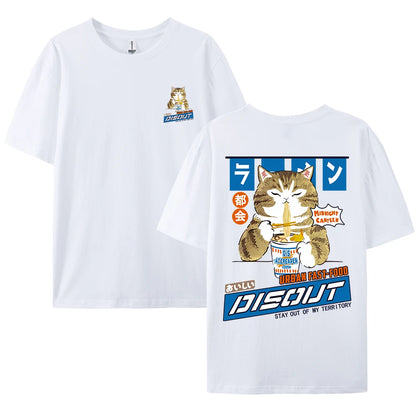 Harajuku Cat Cartoon Eating Noodles Graphic Men Women Tshirts Casual Short Sleeve Tees Japan Style Oversized T Shirt Clothing