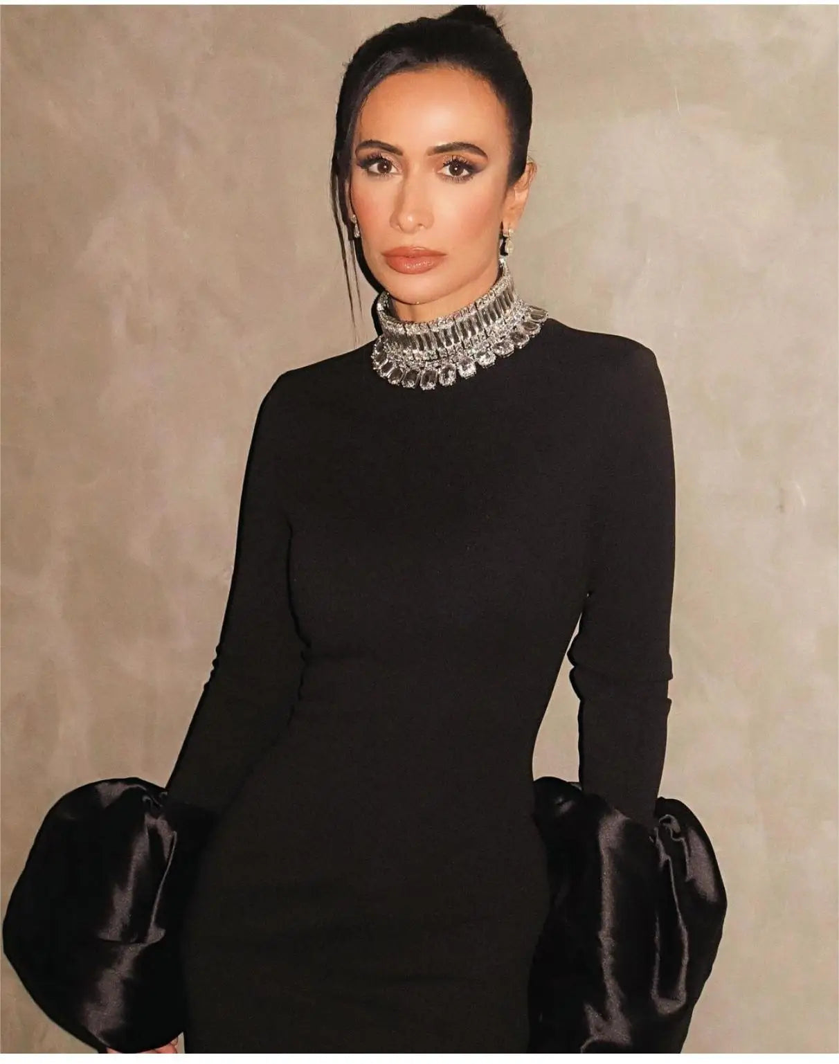 Evening Dresses: Shining Diamonds Neck Flare Sleeve Black Long Bandage Dress