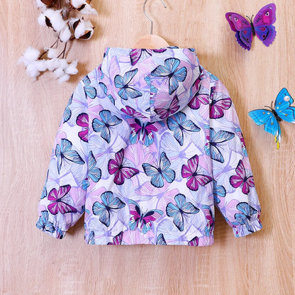 Girls' Autumn and Winter New Thickened Plush Butterfly Print Hooded Coat