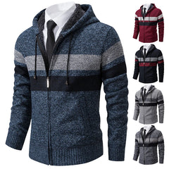 Striped Hooded Sweater Men's Coat with Velvet Padded Warm Knit Cardigan