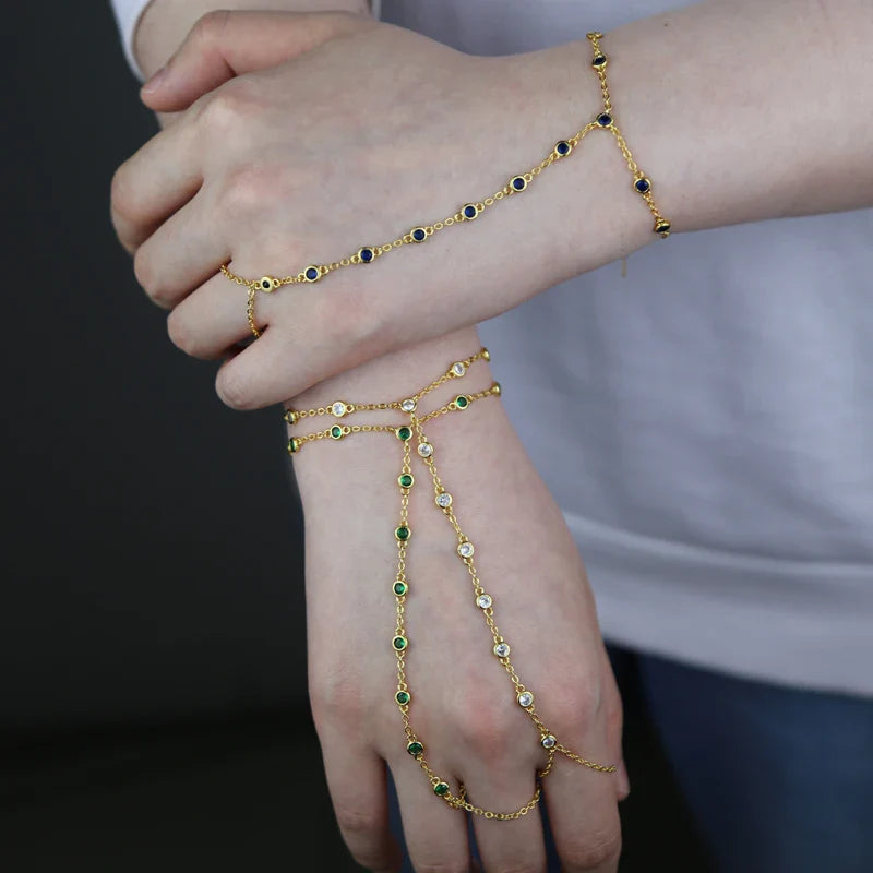 2023 Summer Jewelry Pendant Link Chain Ring Bracelet for Women White Green Blue Stone CZ Gold Plated Adjust Bracelet Accessories