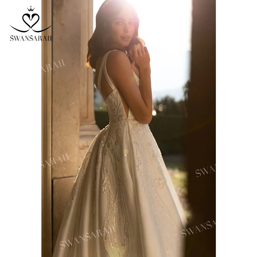 White Bridesmaid Dresses: Wedding Dress Beading Open Back Court Train Princess