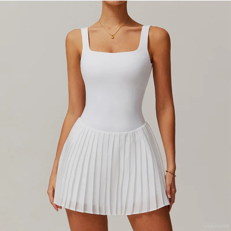 VITALINOVO Workout Tennis Dress with Built in Shorts Square Neck Padded Workout Dress with Pockets Golf Athletic Mini Dresses