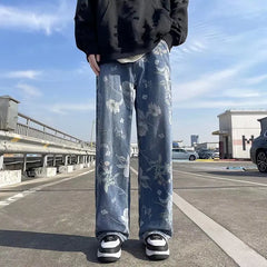 Spring Korean Style Mens Floral Denim Pant High Street Loose Straight