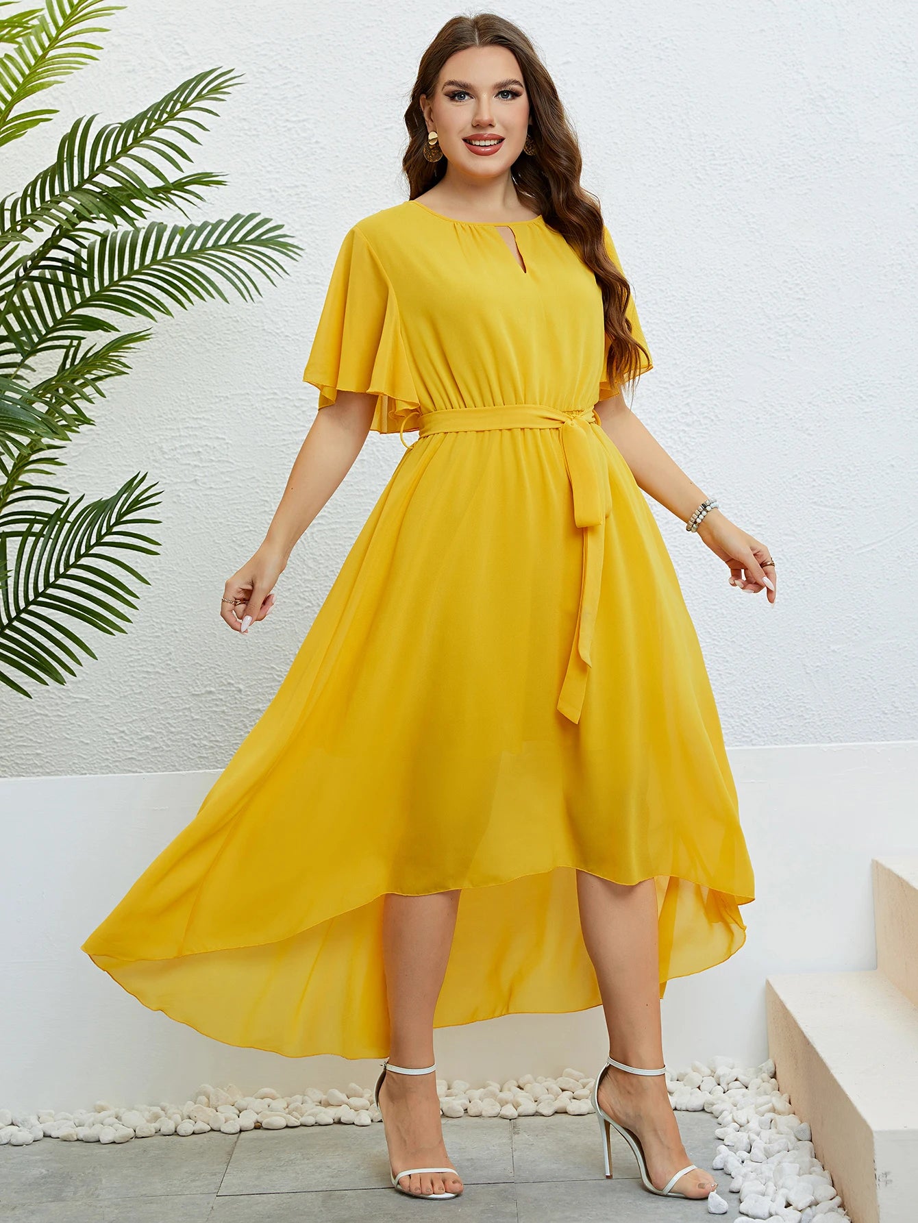 2024 Chiffon Party Dresses For Women Plus Size Summer Solid Color Casual Boho Beach Dress Ruffle Short Sleeve Belted Wrap Dress