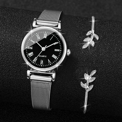 2PCS Fashion Women Quartz Watch Steel Mesh Band Watches Opening Cuff Bracelet Bangle Set（Without Box）