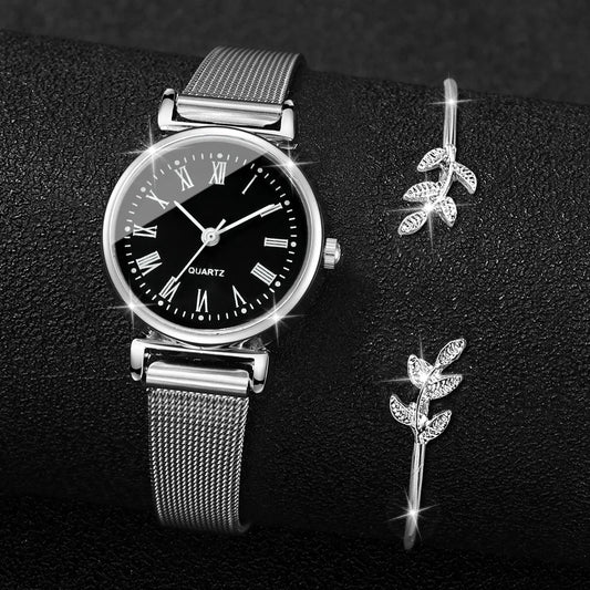 2PCS Fashion Women Quartz Watch Steel Mesh Band Watches Opening Cuff Bracelet Bangle Set（Without Box）