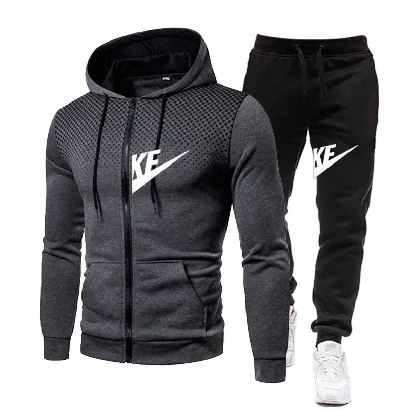 Autumn and winter zipper hooded sweatshirt + long pants set for men's new fashion casual outdoor fitness two-piece set