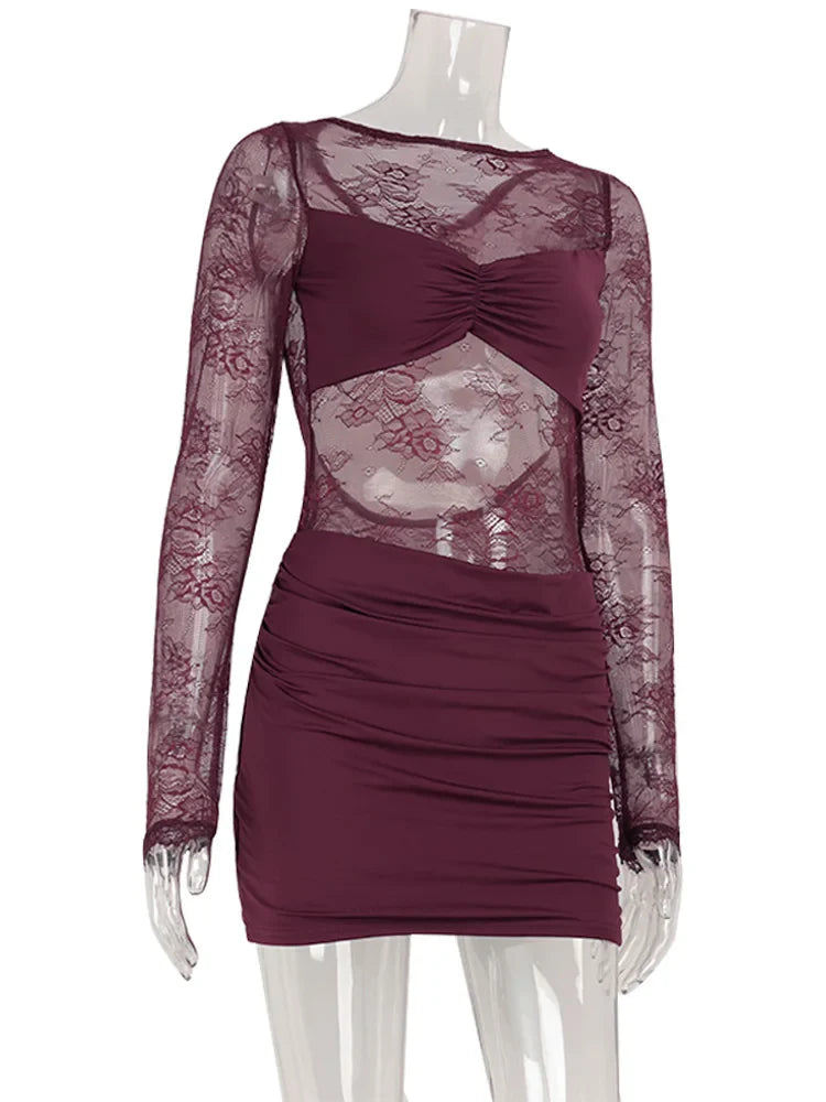 CNYISHE Lace Patchwork Backless O Neck Women Dresses Fashion Sheer Long Sleeve Sheath Outfits Hollow Out Female Hip Wrap Bodycon