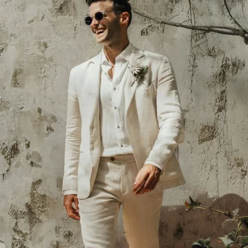 Beige Linen Men Suits Slim Fit Summer Beach Wedding Tuxedo for Groomsmen Casual Male Fashion Blazer with Pants 2 Pieces 2024