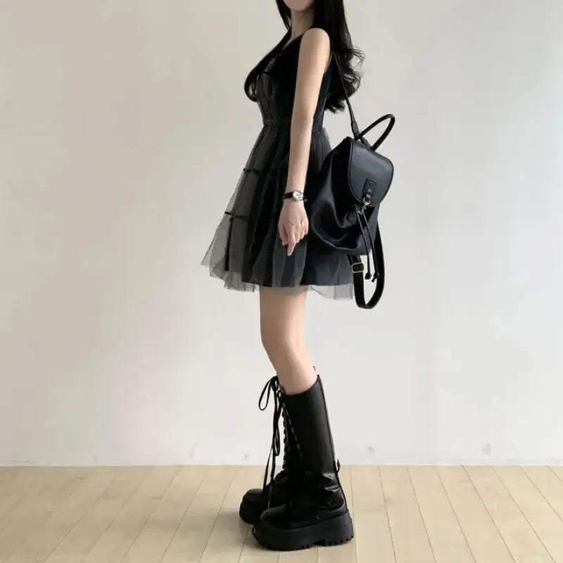 REALEFT Summer Y2k Black Mesh Women's Ball Gown Dresses 2025 New Sleeveless Strapless V-neck Party Sexy Mini Dress for Womens