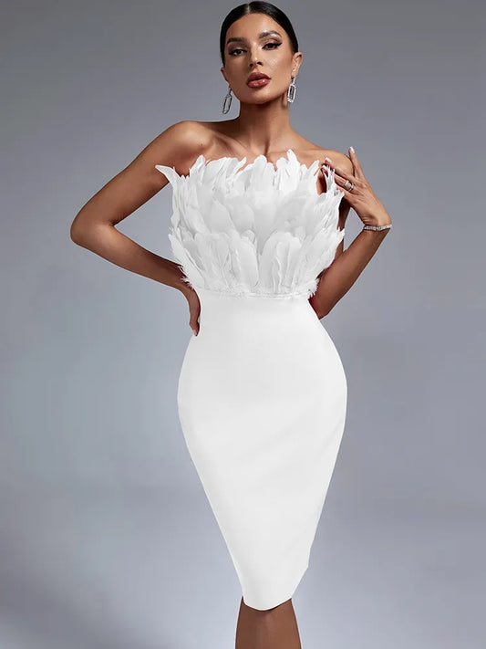 White Bandage Dress Women Feather Party Dress Bodycon Elegant Midi