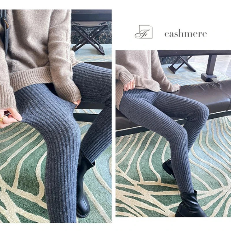 Slim Leggings Autumn Women High Waist Casual Trousers Knitted Ribbed Thicken Solid