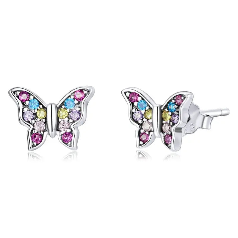 WOSTU 925 Sterling Silver Animals Cute Paws Rainbow Stud Earrings For Women Heart Oval Flower Zircon Crab Ear Studs Jewelry Gift