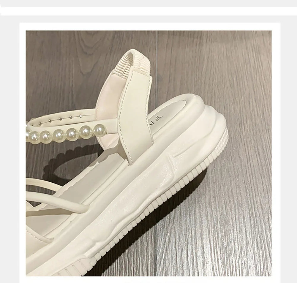 Korean Style Summer Sandals For Women Pearl Chains Travel Beach Footwearn Anti-slippery Women's Princess Shoes Summer Sandals