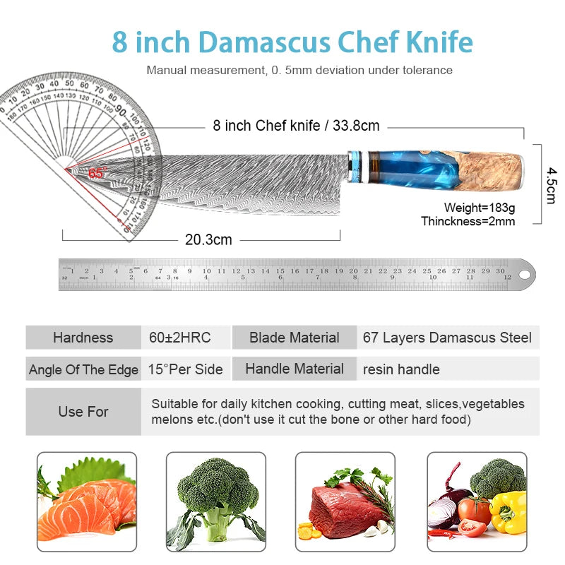 8 inch 67 layer Japanese Damascus steel chef knife hand forged anti-stick