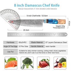 8 inch 67 layer Japanese Damascus steel chef knife hand forged anti-stick