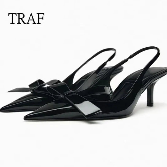 TRAF 2023 Black Bow Heels Women Slingback Pointed toe Heeled for Woman Pumps Elegant Party High heels Office Ladies Heeled Shoes