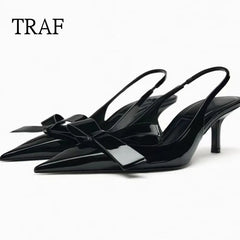 Black Bow Heels Women Slingback Pointed toe Heeled for Woman Pumps