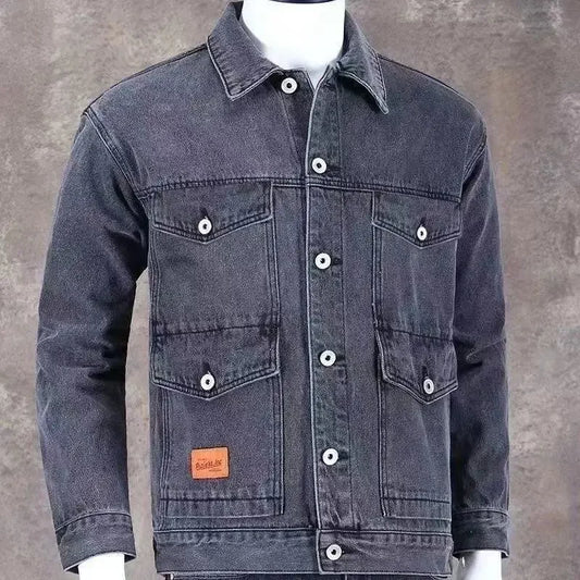 Male Jean Coats Cargo Black Men's Denim Jacket Autumn Outwear of Fabric Clothing